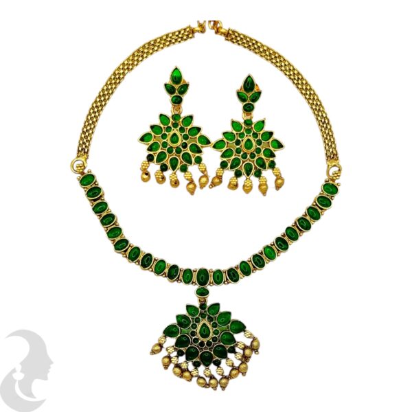 Green Color Stone Necklace Set - Hanging Studs, Product Code: V-2076