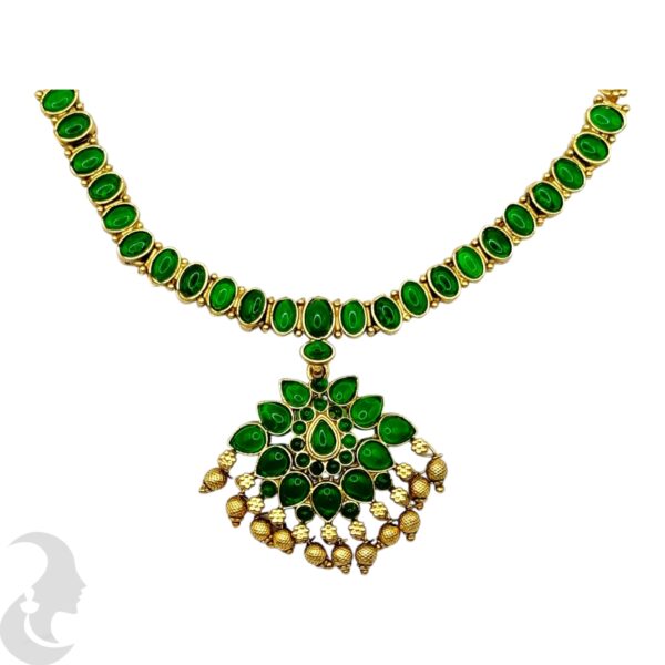 Green Color Stone Necklace Set - Hanging Studs, Product Code: V-2076 - Image 2