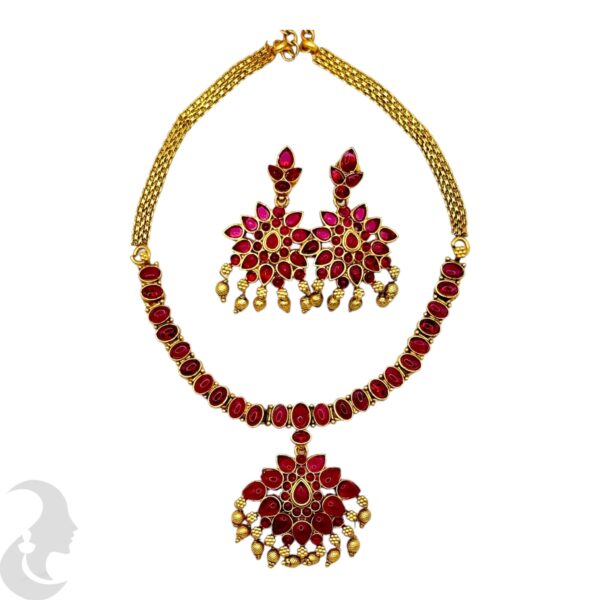 Ruby Color Stone Necklace Set - Hanging Studs, Product Code: V-2077