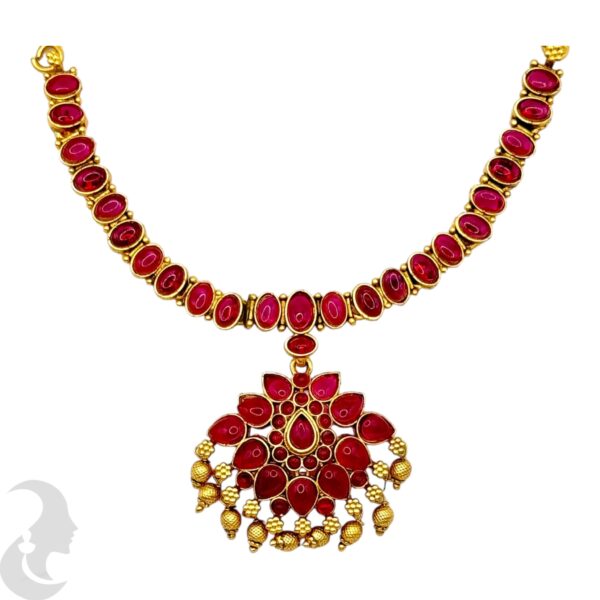 Ruby Color Stone Necklace Set - Hanging Studs, Product Code: V-2077 - Image 2