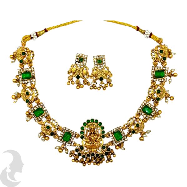 Lakshmi & Peacock Design Necklace set, Green Color Stones- Studs, Product Code: V-2078