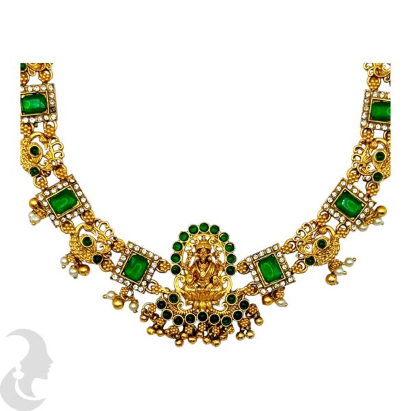 Lakshmi & Peacock Design Necklace set, Green Color Stones- Studs, Product Code: V-2078 - Image 2