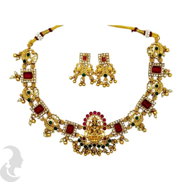 Lakshmi & Peacock Design Necklace set, Ruby & Green Color Stones- Studs, Product Code: V-2079