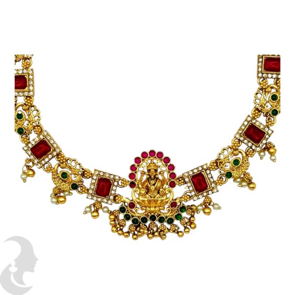 Lakshmi & Peacock Design Necklace set, Ruby & Green Color Stones- Studs, Product Code: V-2079 - Image 2