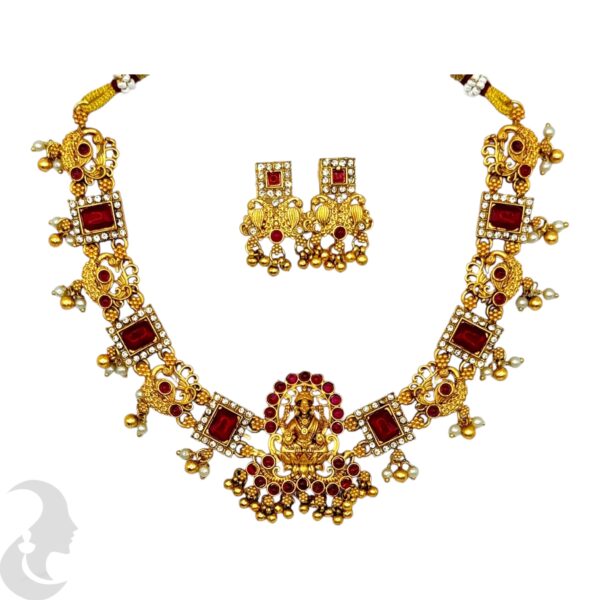 Lakshmi & Peacock Design Necklace set, Ruby Color Stones- Studs, Product Code: V-2080