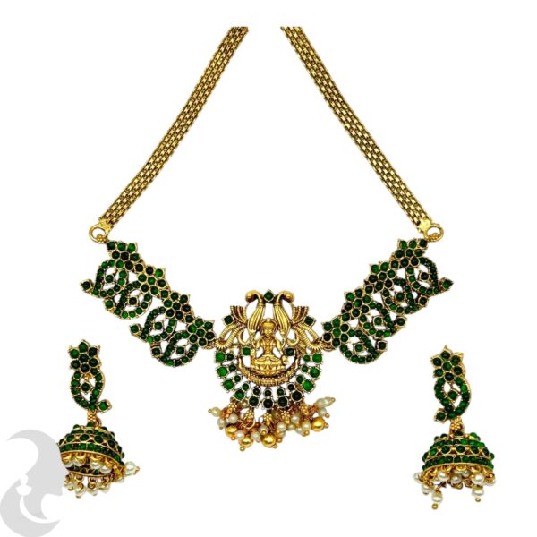 Lakshmi Design Choker Set, Green Color Stone- Jhumka, Product Code: V-2082