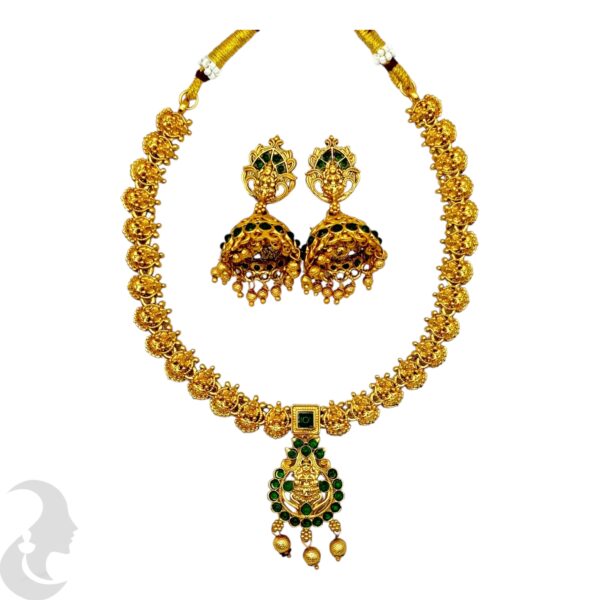 Lakshmi Necklace Green Color Stone- Jhumka, Product Code: V-2084