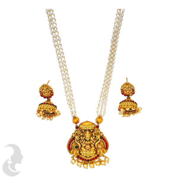 Lakshmi Pendant - Dove Design- Three Layer Beads Necklace- Ruby  & Green Color Stones- Lakshmi Jhumkas, Product Code: V-1083