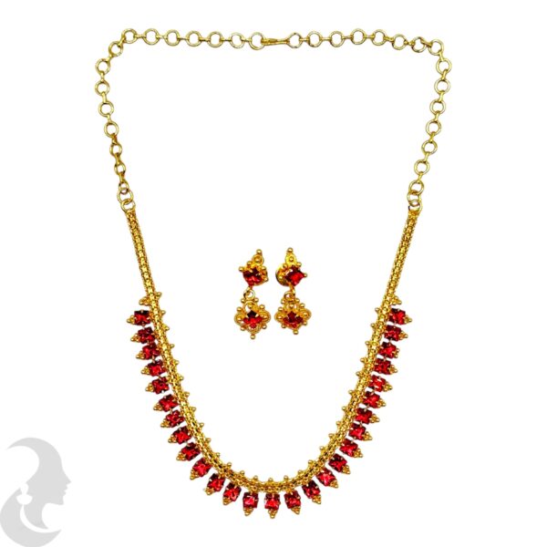 Micro Plated Necklace Set - Red Stones- Studs, Product Code: V-2091