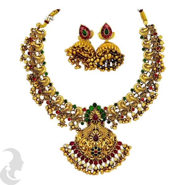 Antique Peacock Necklace Set - Green & Ruby Stones- Jhumka, Product Code: V-2093