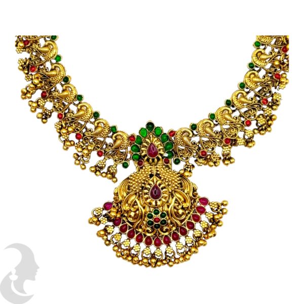 Antique Peacock Necklace Set - Green & Ruby Stones- Jhumka, Product Code: V-2093 - Image 2