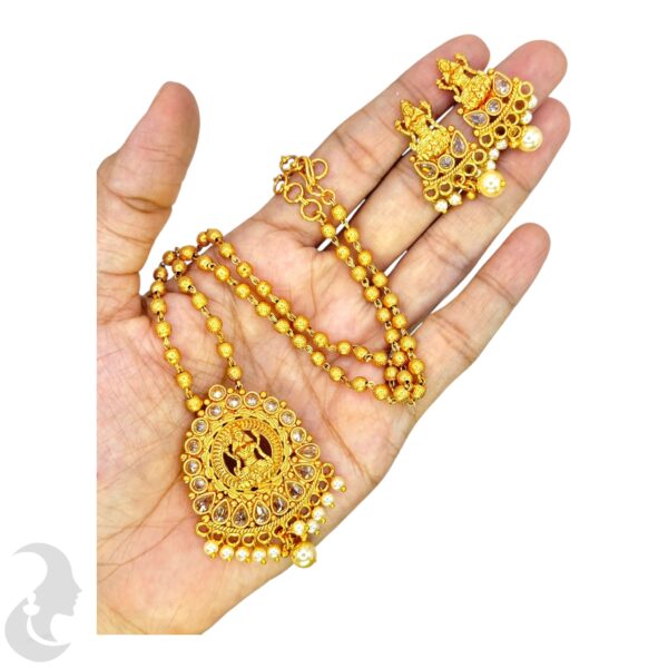 Gold Necklace- Lakshmi Design- With Stones- Lakshmi Studs, Product Code: V-1084 - Image 2