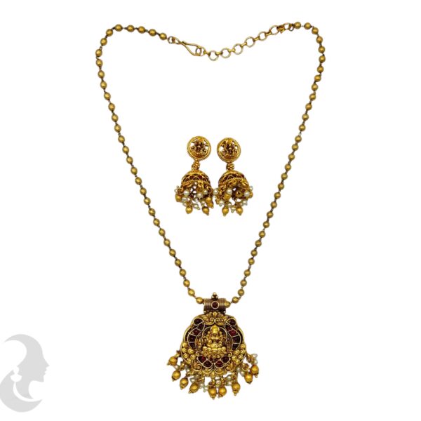 Lakshmi Design Pendant Beads Necklace-Ruby Color Stones- Jhumka, Product Code: V-2102