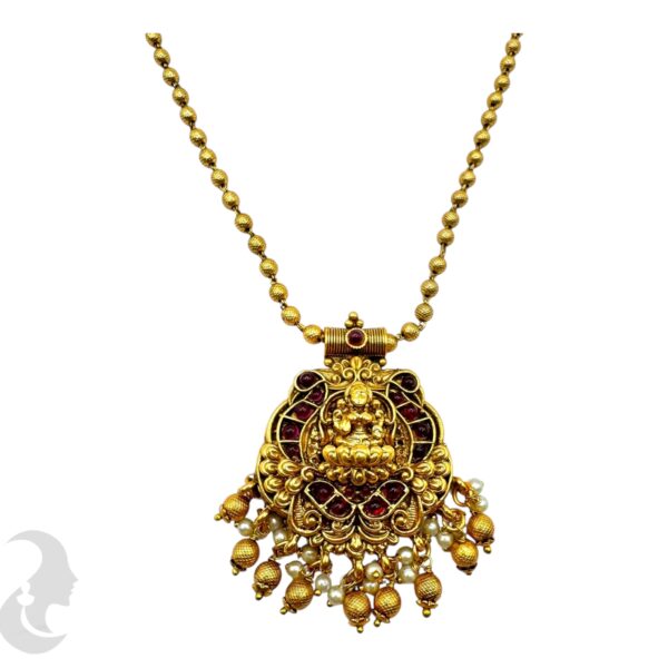 Lakshmi Design Pendant Beads Necklace-Ruby Color Stones- Jhumka, Product Code: V-2102 - Image 2