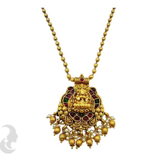 Lakshmi Design Pendant Beads Necklace-Green & Ruby Color Stones- Jhumka, Product Code: V-2103 - Image 2