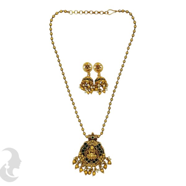 Lakshmi Design Pendant Beads Necklace-Green Color Stones- Jhumka, Product Code: V-2104