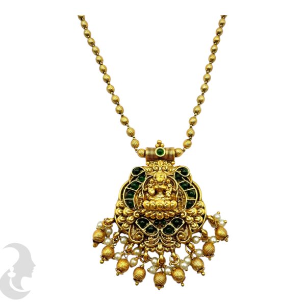 Lakshmi Design Pendant Beads Necklace-Green Color Stones- Jhumka, Product Code: V-2104 - Image 2