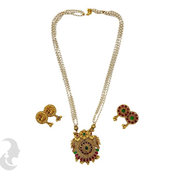 Reversible Pearl Necklace- Lakshmi & Peacock Design- Green & Ruby Color Stones- Studs, Product Code: V-2109