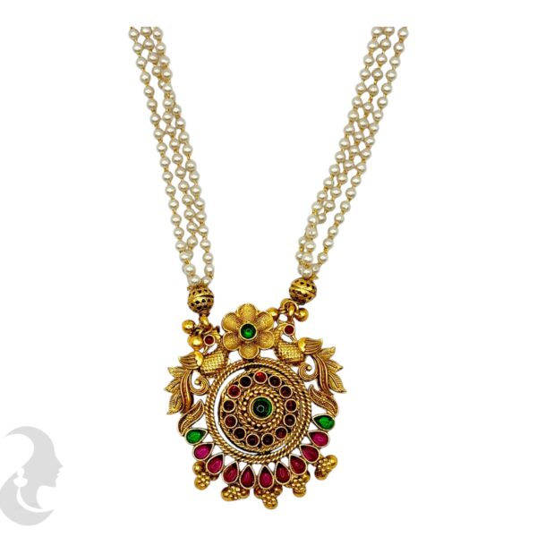 Reversible Pearl Necklace- Lakshmi & Peacock Design- Green & Ruby Color Stones- Studs, Product Code: V-2109 - Image 2