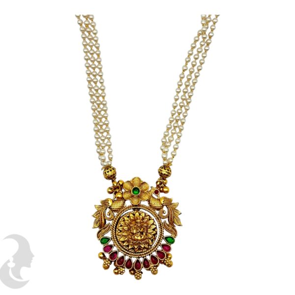 Reversible Pearl Necklace- Lakshmi & Peacock Design- Green & Ruby Color Stones- Studs, Product Code: V-2109 - Image 4