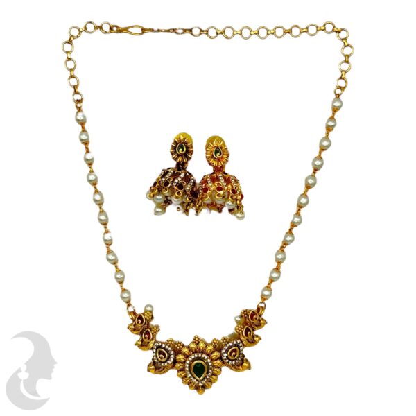 Pearl Necklace- Peacock Design - Green & Ruby color Stones- Jhumka, Product Code: V-2114