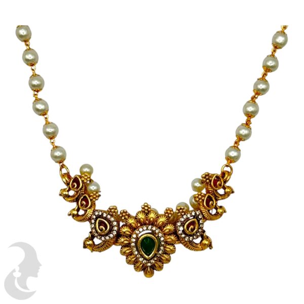 Pearl Necklace- Peacock Design - Green & Ruby color Stones- Jhumka, Product Code: V-2114 - Image 2