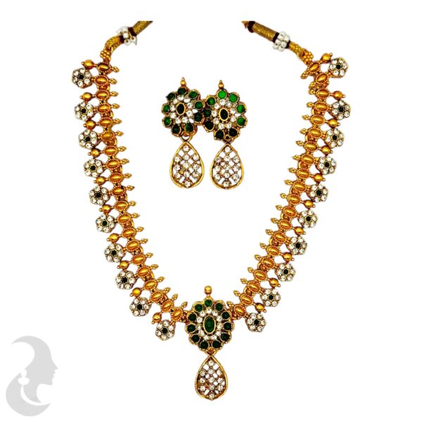 Floral Design Necklace Set- Green Color Stones- Studs, Product Code: V-2115