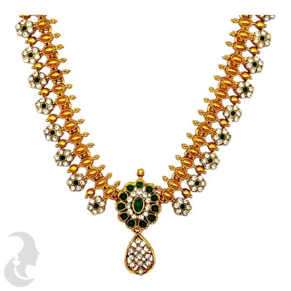 Floral Design Necklace Set- Green Color Stones- Studs, Product Code: V-2115 - Image 2