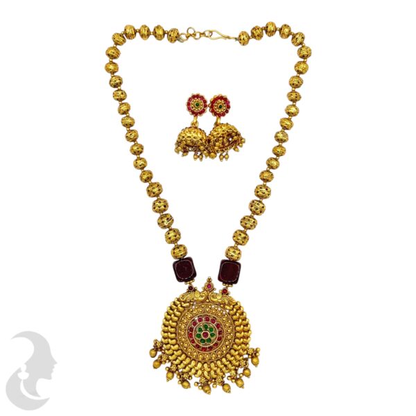 Beads Necklace- Peacock Design - Green & Ruby Color Stones- Jhumka, Product Code: V-2116