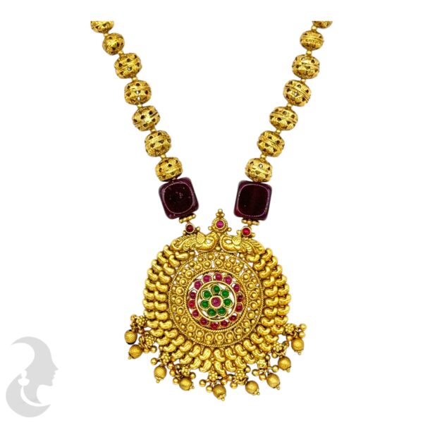 Beads Necklace- Peacock Design - Green & Ruby Color Stones- Jhumka, Product Code: V-2116 - Image 2