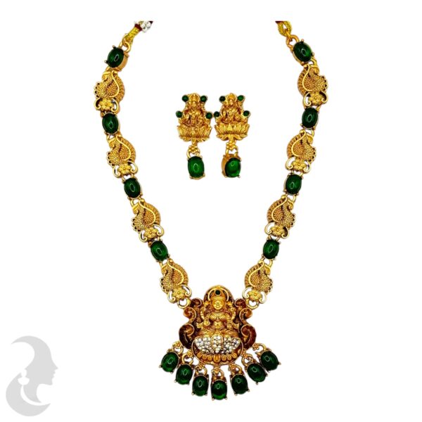 Lakshmi & Peacock Necklace Set- Green Color Stones- Studs, Product Code: V-2117