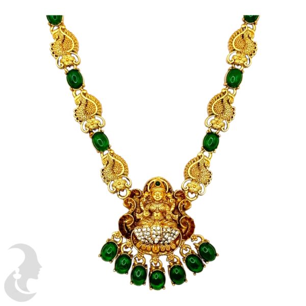 Lakshmi & Peacock Necklace Set- Green Color Stones- Studs, Product Code: V-2117 - Image 2