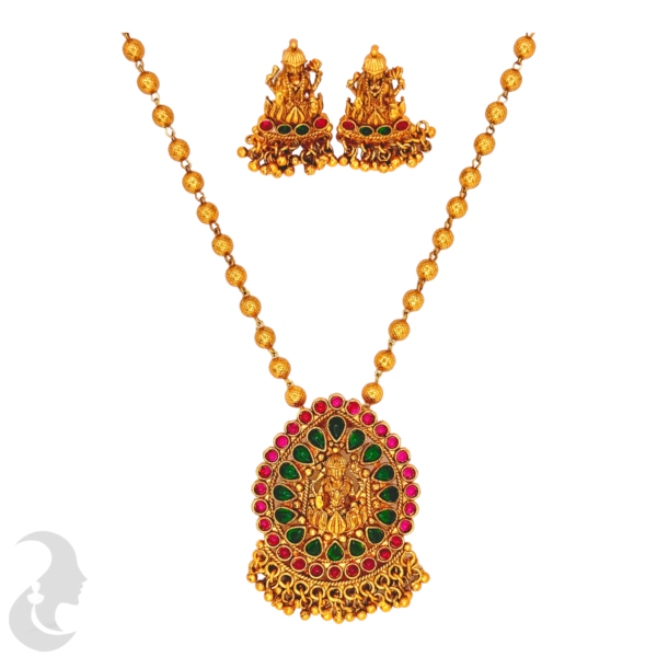 Beads Necklace- Lakshmi Design With Green & Ruby Color Stones- Lakshmi Studs, Product Code: V-1086