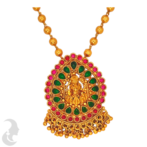 Beads Necklace- Lakshmi Design With Green & Ruby Color Stones- Lakshmi Studs, Product Code: V-1086 - Image 2