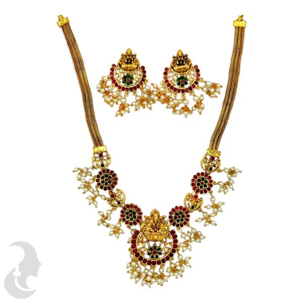 Guttapusalu Lakshmi Necklace Set- Green & Ruby Color Stones- Studs, Product Code: V-2118