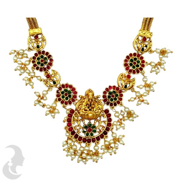 Guttapusalu Lakshmi Necklace Set- Green & Ruby Color Stones- Studs, Product Code: V-2118 - Image 2