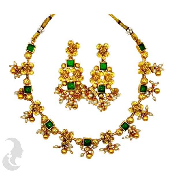 Gold Necklace Set- Green Color Stones- Hanging Studs, Product Code: V-2119