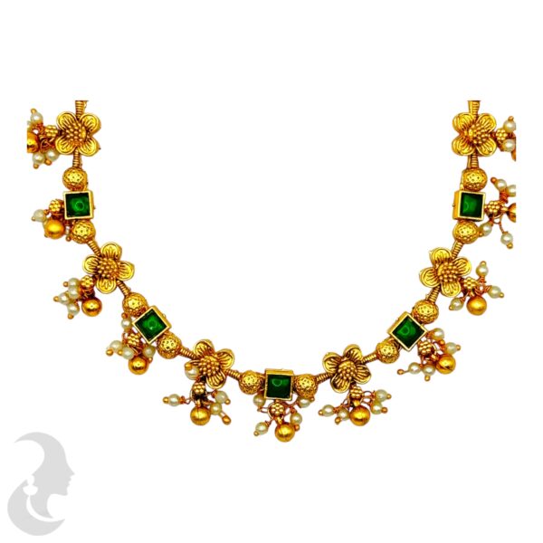 Gold Necklace Set- Green Color Stones- Hanging Studs, Product Code: V-2119 - Image 2