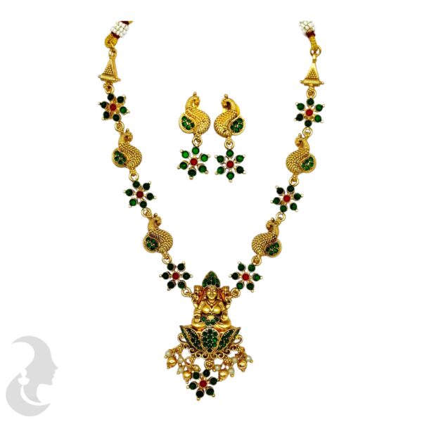 Lakshmi & Peacock Necklace Set- Green Color Stones- Studs, Product Code: V-2120