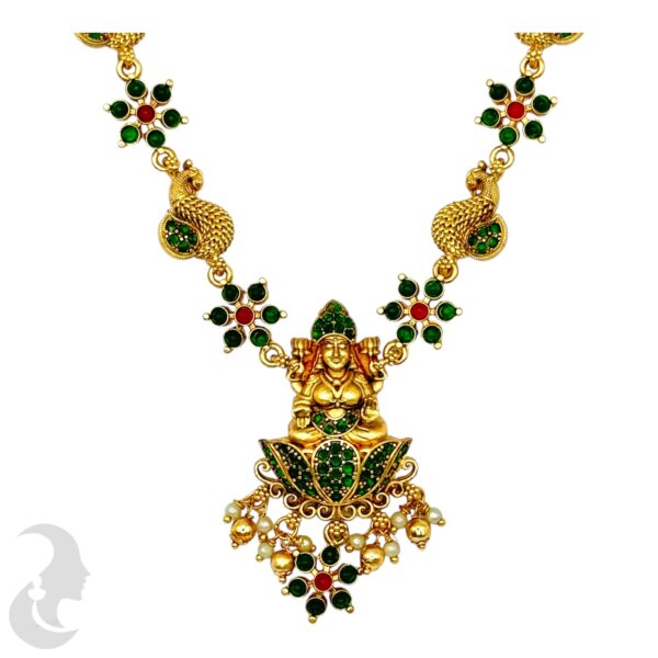 Lakshmi & Peacock Necklace Set- Green Color Stones- Studs, Product Code: V-2120 - Image 2