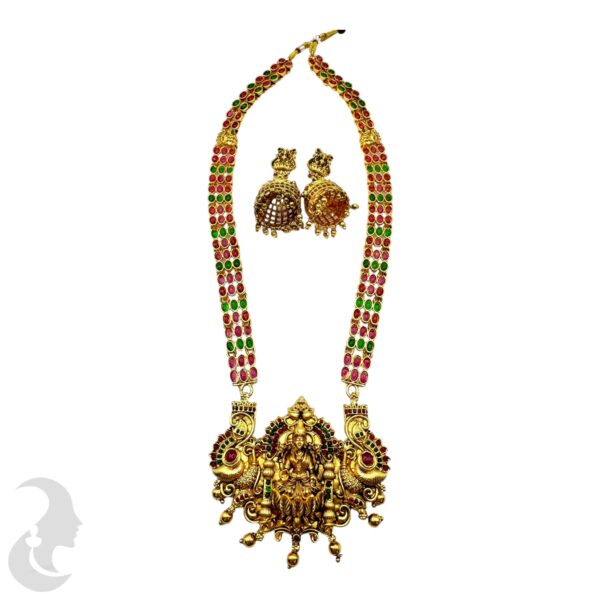 Lakshmi & Peacock Long Haram- Green & Ruby Color Stones - Jhumka, Product Code: V-2122