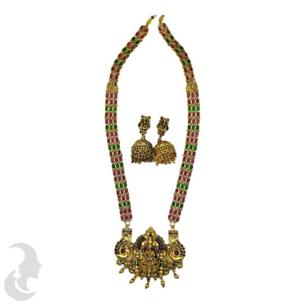 Lakshmi & Peacock Long Haram- Green & Ruby Color Stones - Jhumka, Product Code: V-2122 - Image 2