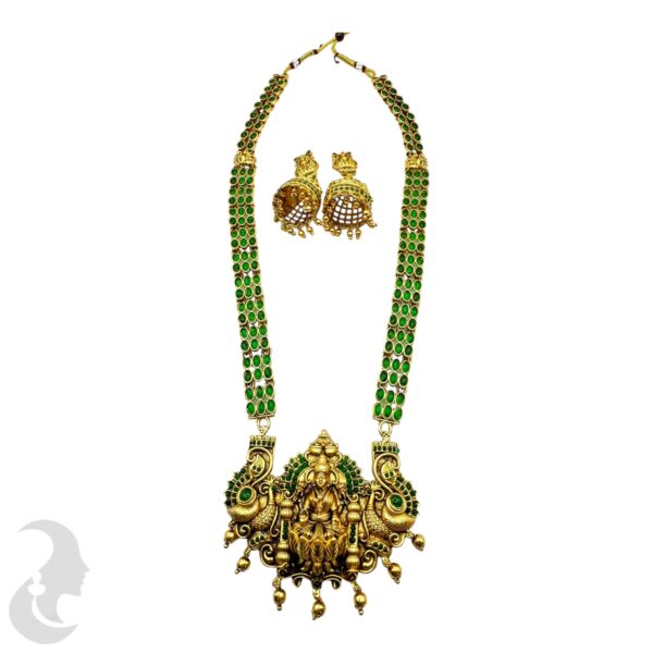 Lakshmi & Peacock Long Haram- Green Color Stones - Jhumka, Product Code: V-2123