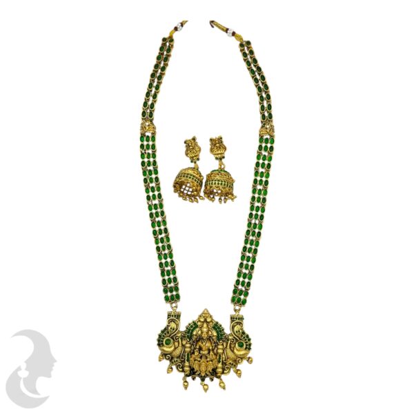 Lakshmi & Peacock Long Haram- Green Color Stones - Jhumka, Product Code: V-2123 - Image 2