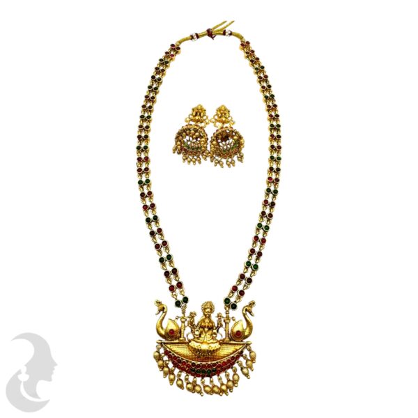 Lakshmi & Peacock Long Haram- Green & Ruby Color Stones - Jhumka, Product Code: V-2124 - Image 2