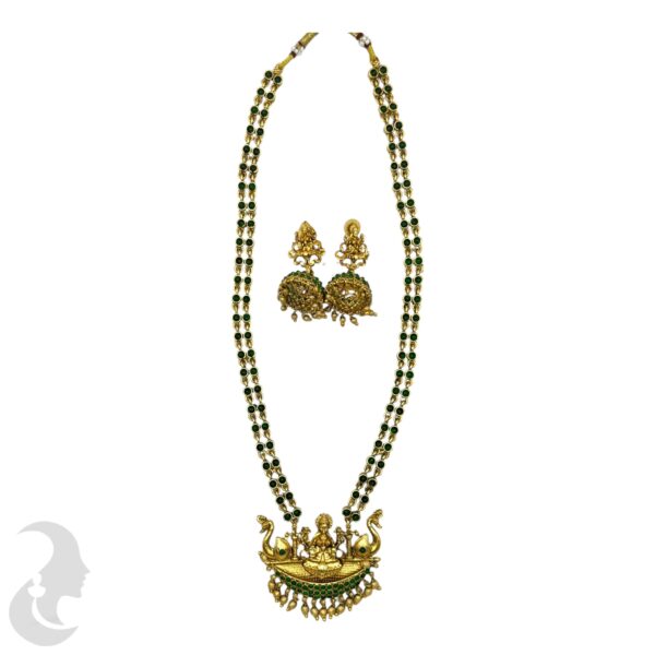 Lakshmi & Peacock Long Haram- Green Color Stones - Jhumka, Product Code: V-2125