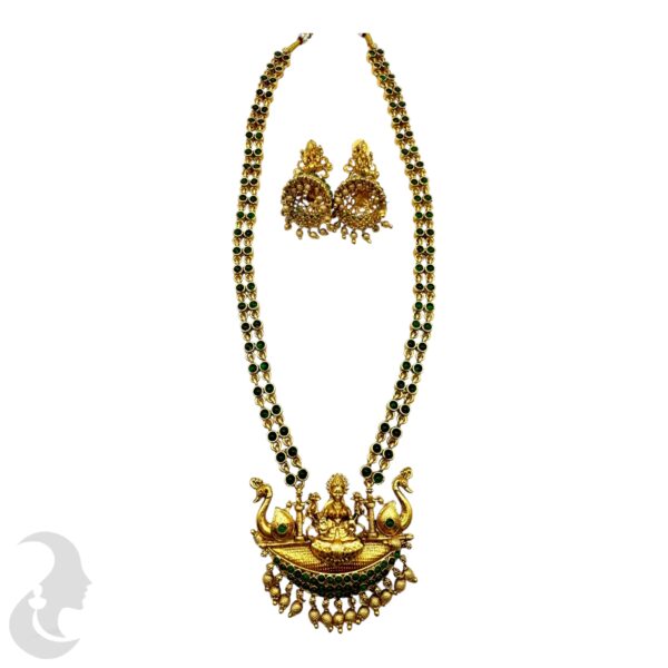 Lakshmi & Peacock Long Haram- Green Color Stones - Jhumka, Product Code: V-2125 - Image 2