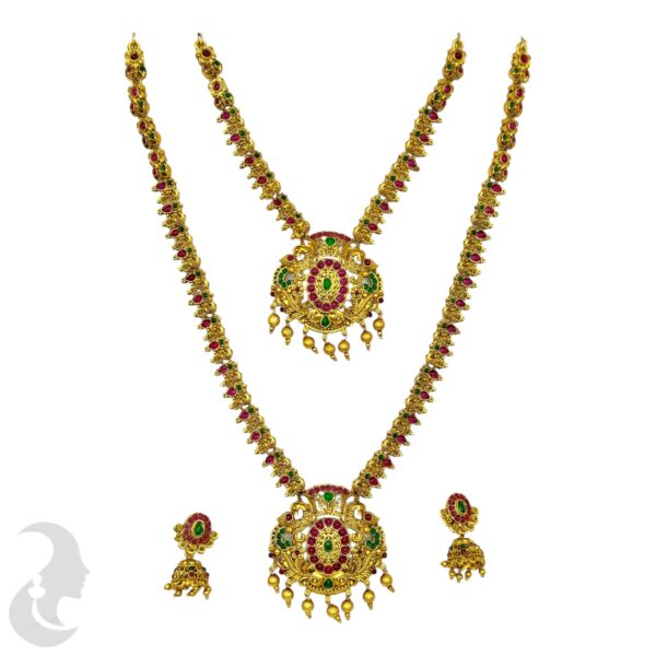 Peacock Design Combo Set- Ruby & Green Color Stones- Jhumka, Product Code: V-2128