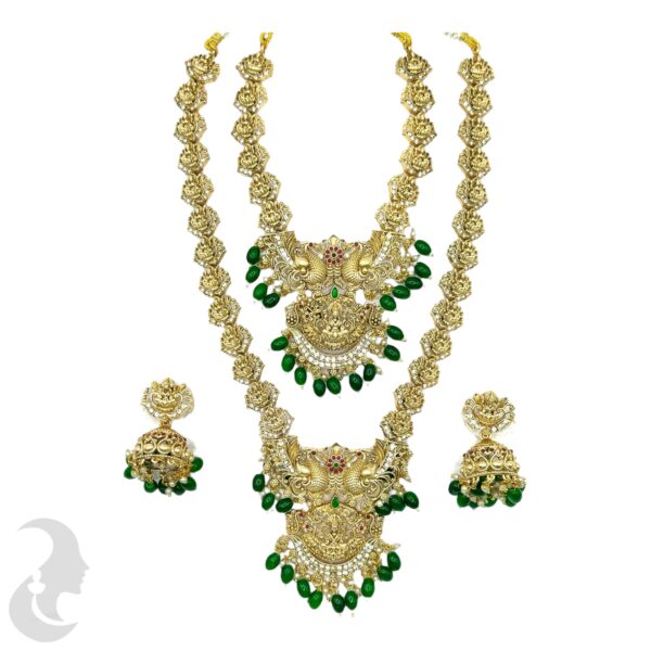 Lakshmi & Peacock Design Combo Set- Green Color Victoria Stones -Jhumka, Product Code: V-2131 - Image 2