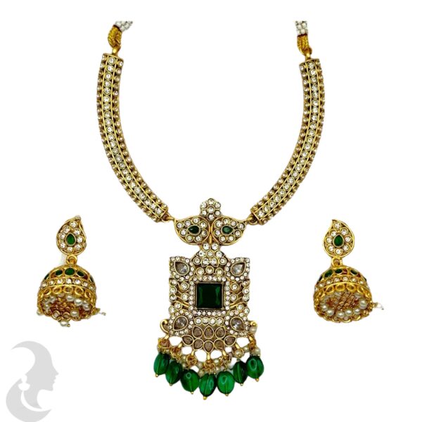 Hasli Necklace Set-Green Color Stones- Jhumka, Product Code: V-2135